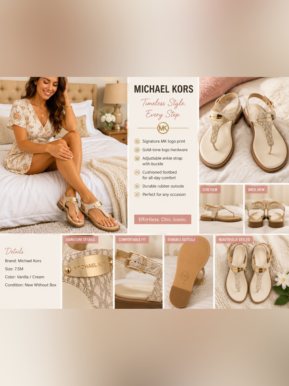 MICHAEL Michael Kors Cream Snake-Print T-Strap Sandals with Gold Logo Plaque - Picture 3 of 5